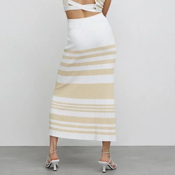 Significant Other Sage Striped Rib Knit Midi Skirt Womens 6 White Cream Beachy - Picture 3 of 11
